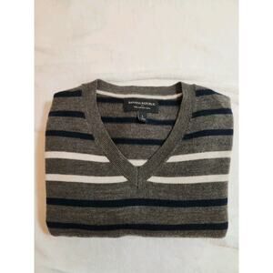 Banana Republic Merino Wool Sweater Mens Large Gray Striped V-Neck Long Sleeve